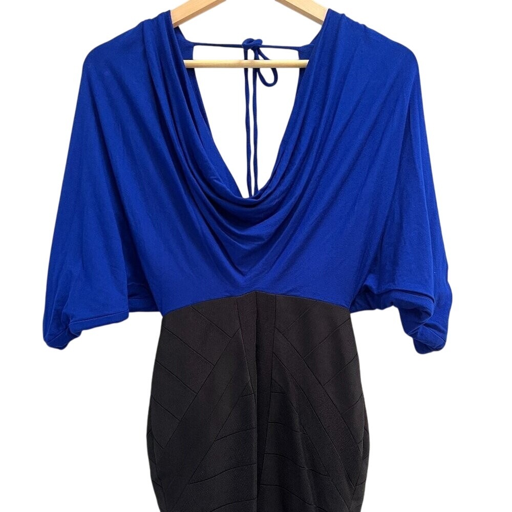 Sky Mini Dress Cobalt Blue Black‎ Kimono Sleeve Plunge Open Back Sexy NEW XS